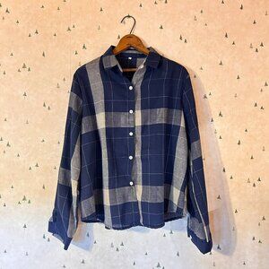 Women's Navy Plaid Button Down Lightweight Shirt
